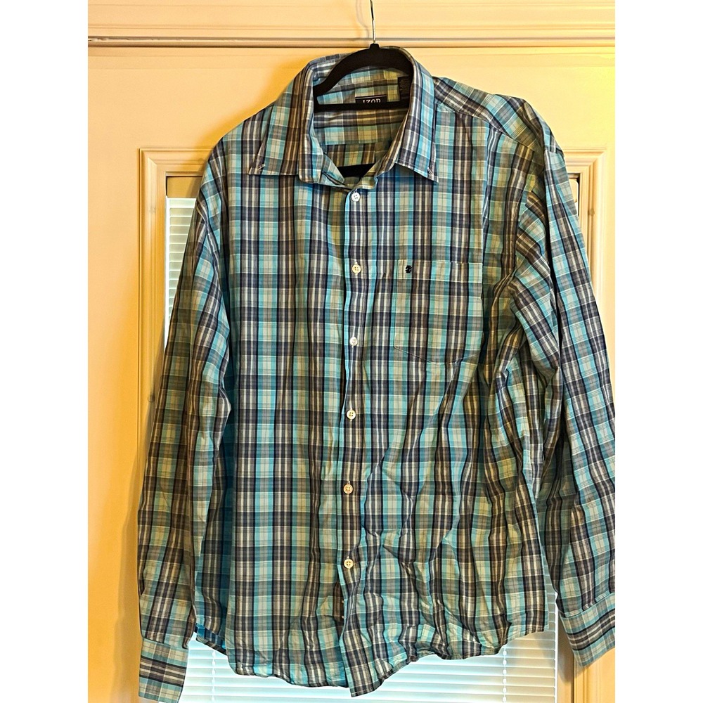 IZOD Mens 2XL Blue Plaid Button Up Shirt Long Sleeve Casual Classic Pocket XXL